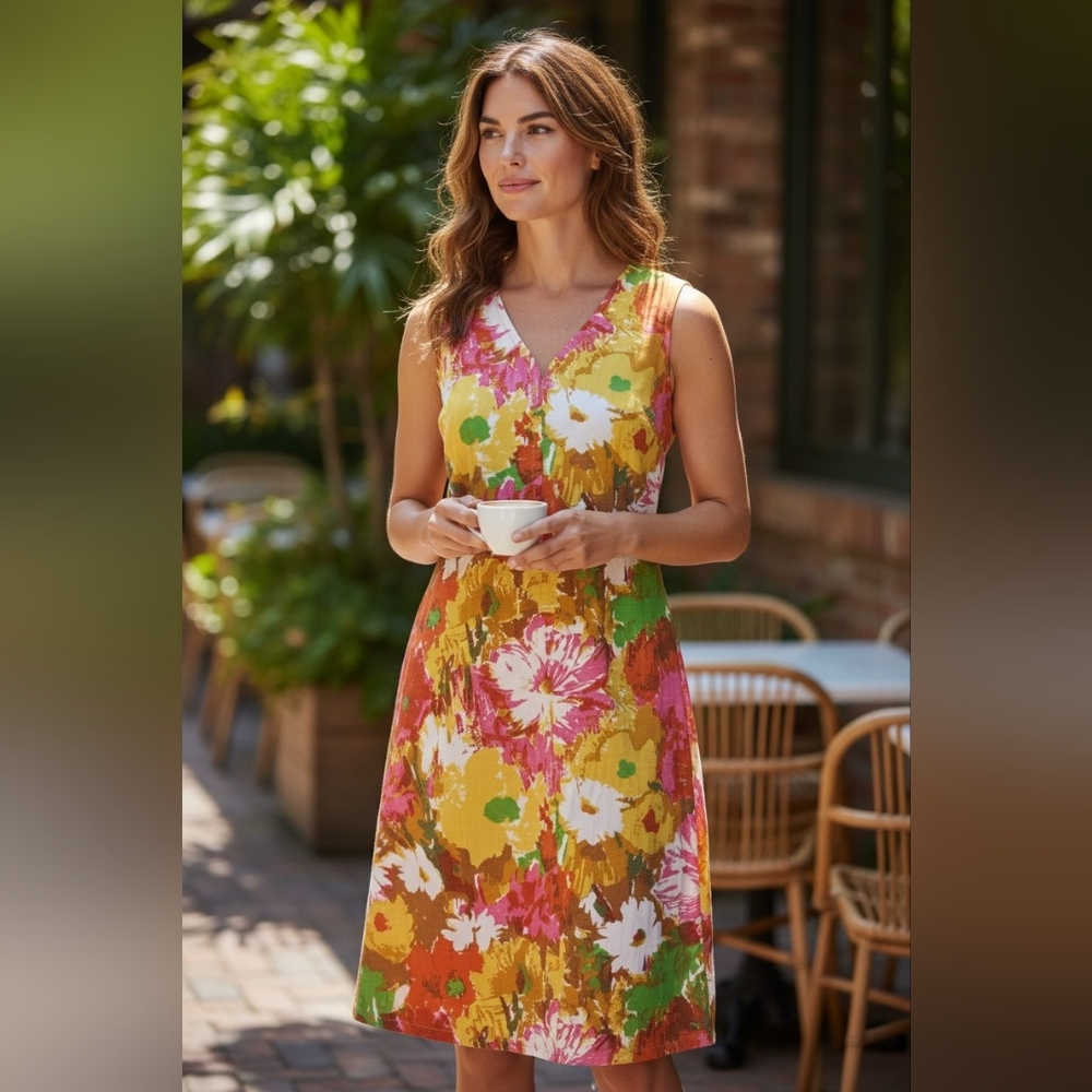 Talbots Women’s Size 2 Yellow Pink Floral Sheath Dress Vibrant, Pockets, Spring